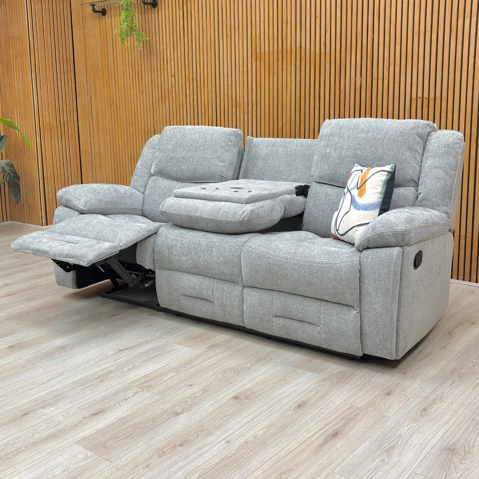 Side view of the Weston Manual Recliner Sofa, showing the pull lever for the mechanism and the three seat cushions.