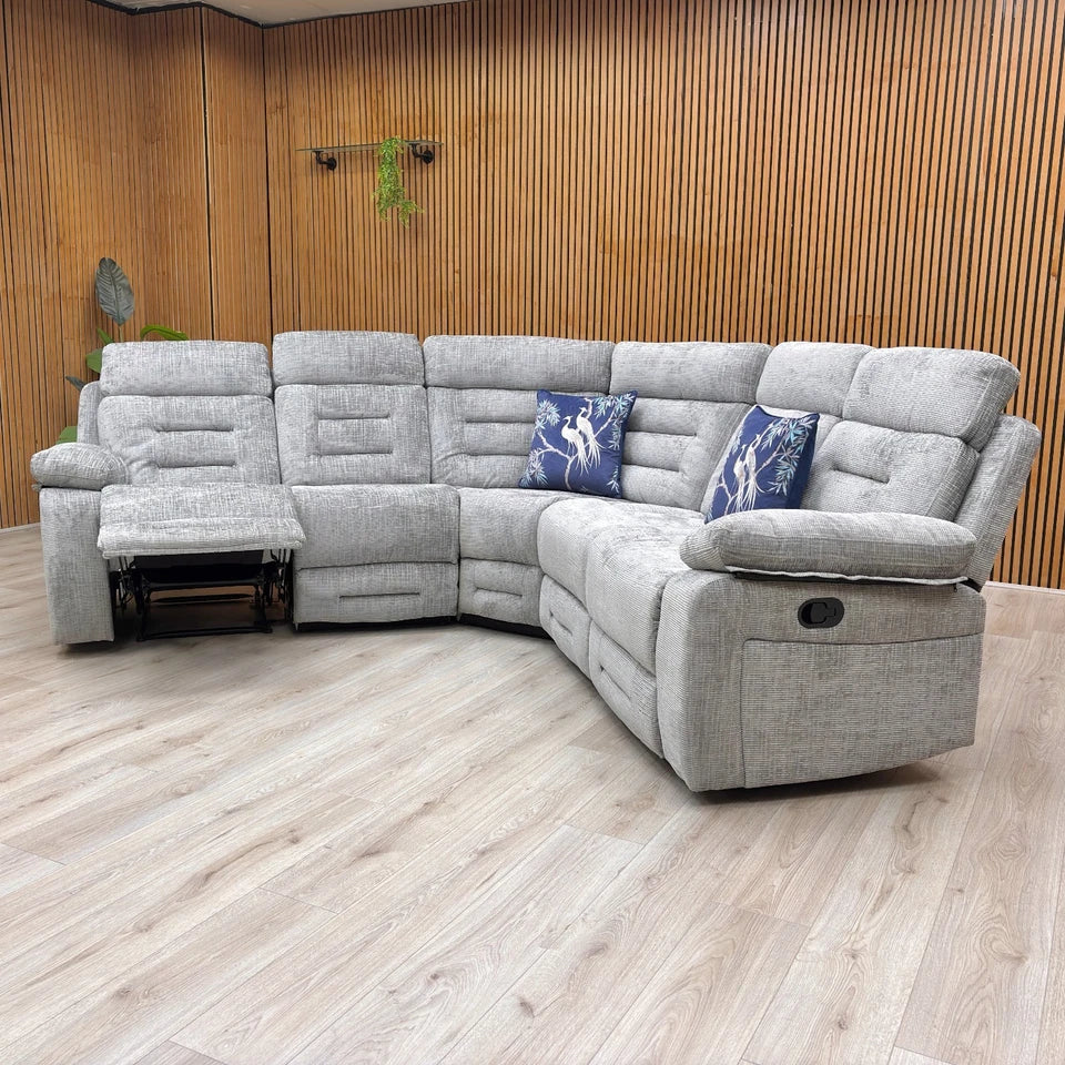 Detail shot of one of the manual recliner seats on the Wilbur sofa, extended for comfort.