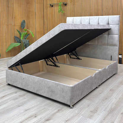 View of the King-size divan base unit, highlighting the upholstered platform and metal components for the side-lift storage.