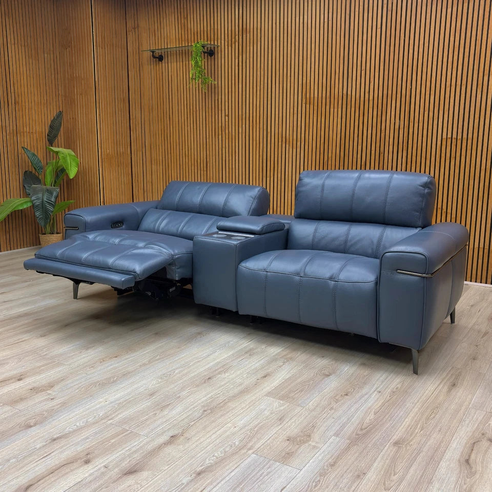 Ocean Blue Leather 'Homestage' Power Recliner Sofa with both side seats fully extended into a reclined position.