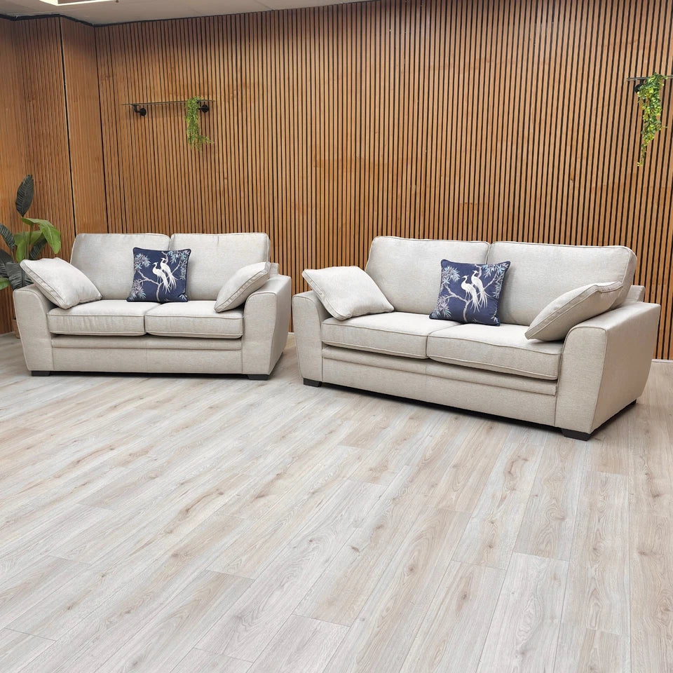 Front view of the 2 Seater Chalfont Sofa in Novak Biscuit tight weave fabric, emphasizing its compact size.