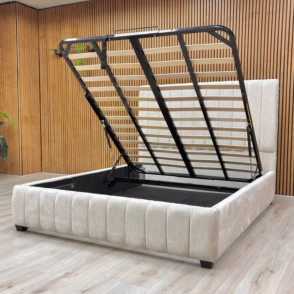 Lifestyle view of the King size 'Miranda' Ottoman Bed in a bedroom setting, highlighting its modern, luxurious aesthetic.