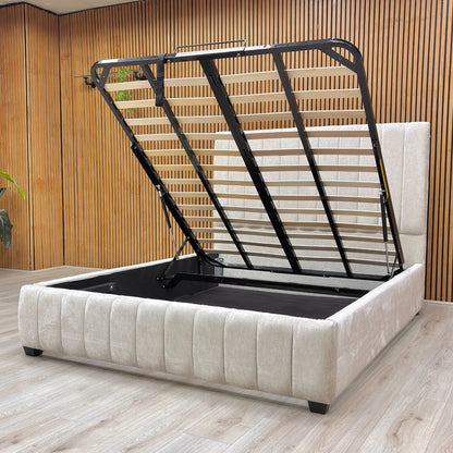 Lifestyle view of the King size 'Miranda' Ottoman Bed in a bedroom setting, highlighting its modern, luxurious aesthetic.