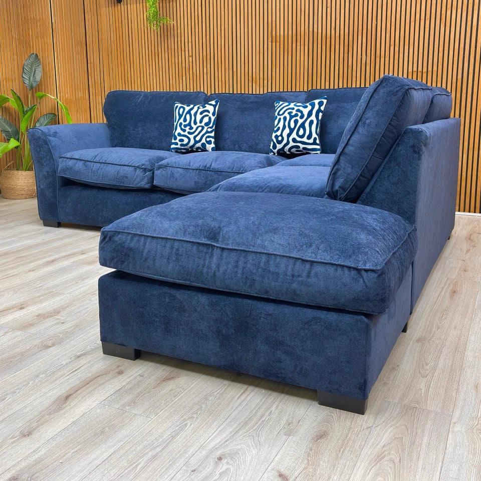 Lifestyle shot of the ‘Rosie’ Kingston Navy Blue Right Hand Facing Open End Corner Chaise.