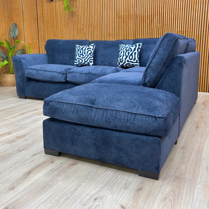 Lifestyle shot of the ‘Rosie’ Kingston Navy Blue Right Hand Facing Open End Corner Chaise.