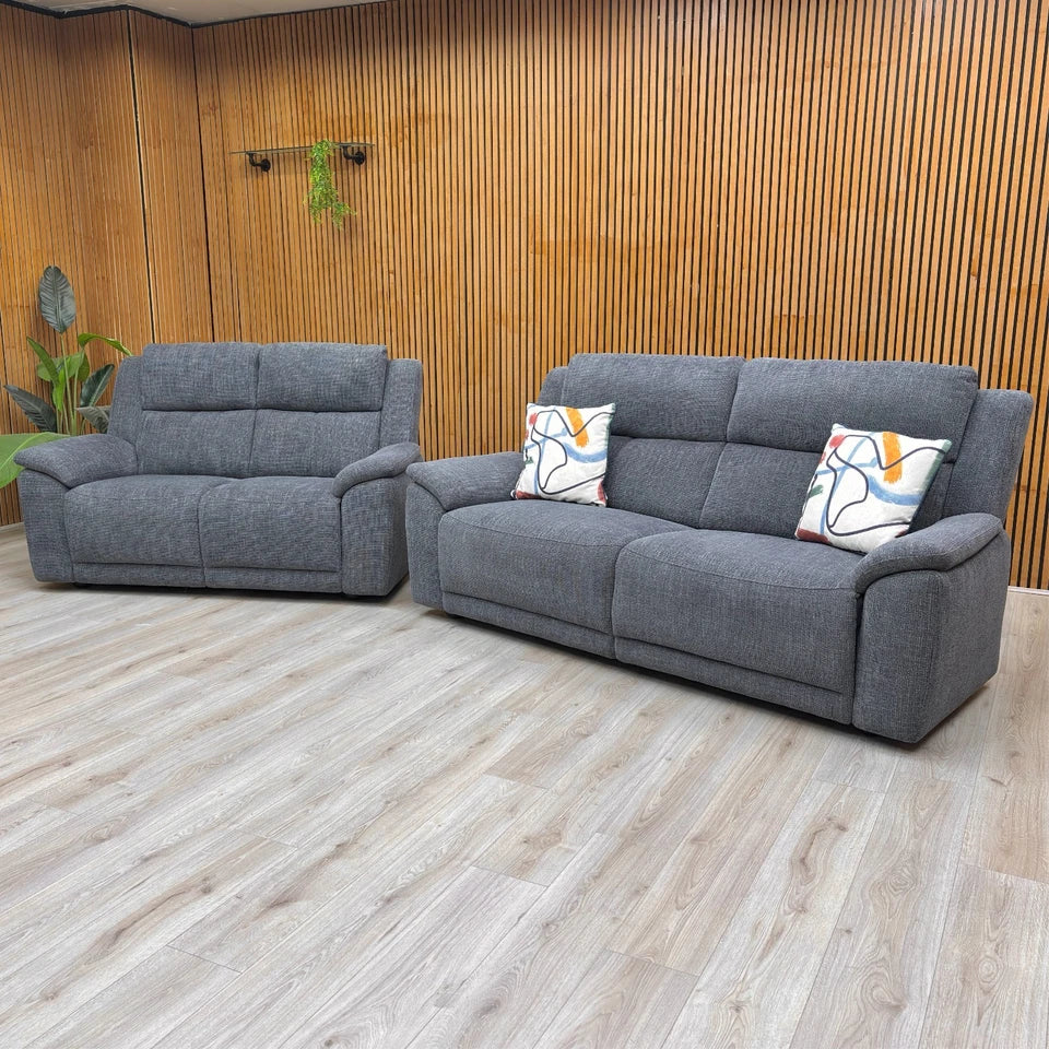 Angled view of the 3 Seater Sofa, emphasizing the texture of the Halifax Gunmetal Grey woven, suede-effect fabric.