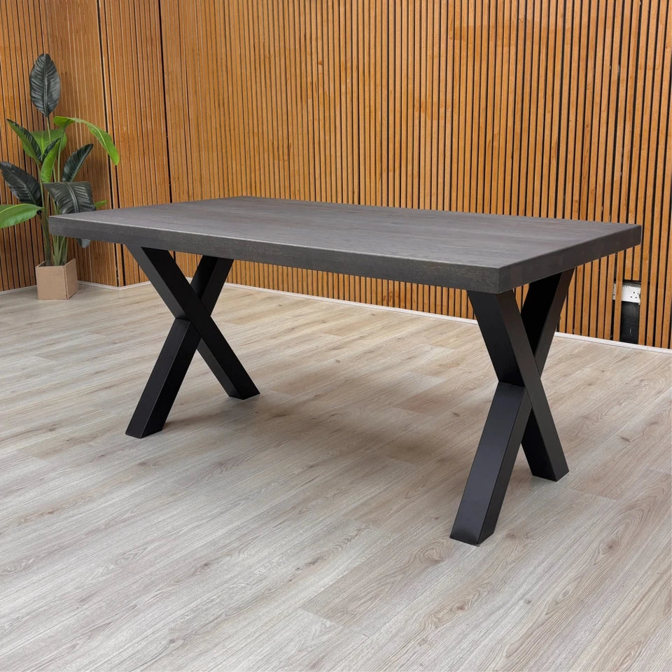 Bodahl Compact ‘Terra’ 02 Smoked Solid Oak Straight Edge 160cm Dining Table with Metal X-Shaped Legs