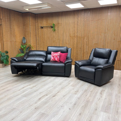 ‘Utah’ Natural Black Mica La4820 Leather 3 Seater Power Recliner Sofa with Power Headrests, Power Lumbar and Heated Seats + Power Recliner Armchair