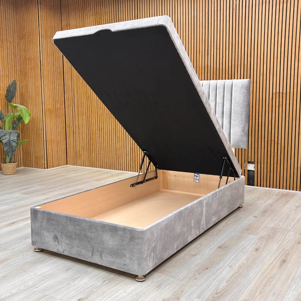 Lifestyle shot of the 'Nero' Lace Single Ottoman Bed in a modern bedroom setting.