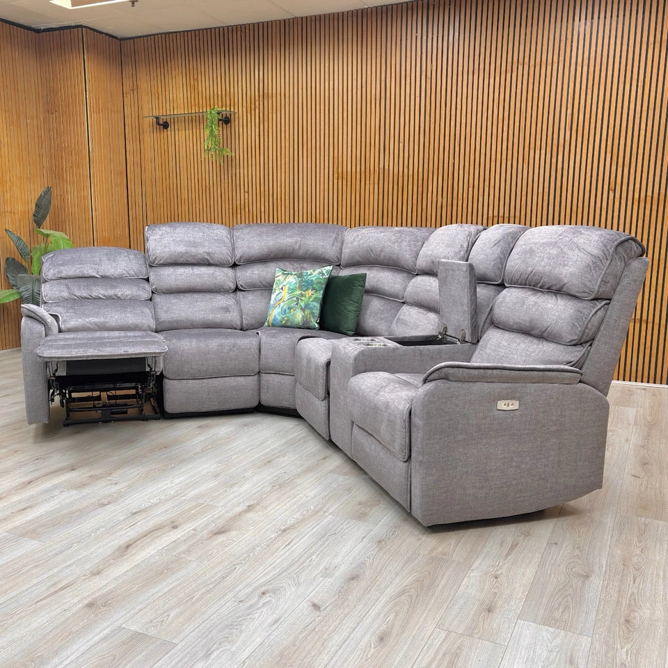 View of the sofa with one of the power recliners extended.