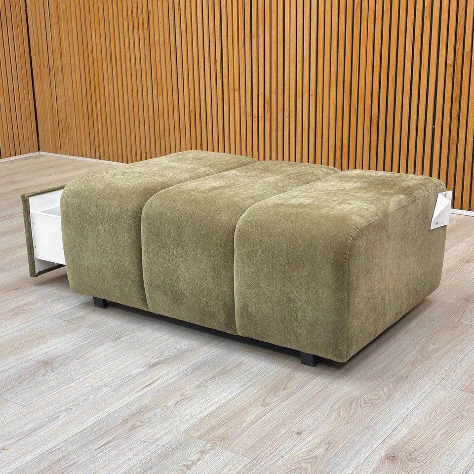 Detail image of the base and legs of the Olive Green Storage Footstool.