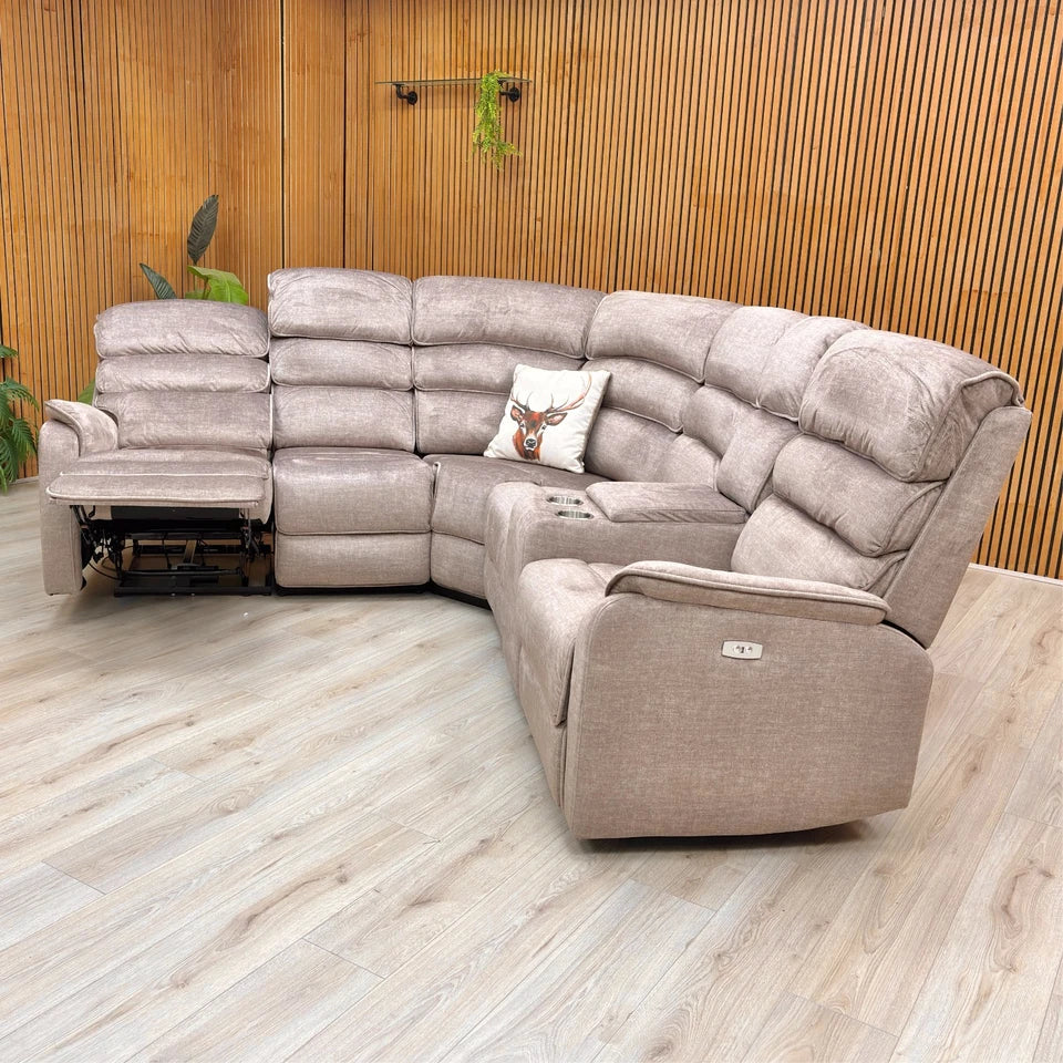 Savoy corner sofa with the power recliner on the end seat fully extended.