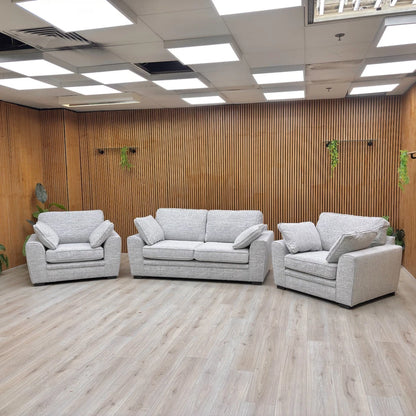 Detailed close-up of the Sort Grey Woven Fabric texture and solid colour on the contemporary 'Chalfont' sofa set.