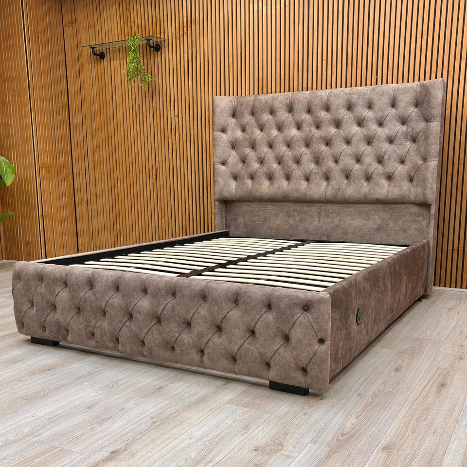 Angled view showing the Dapple Velvet upholstery of the bed frame and the contemporary, sophisticated design.