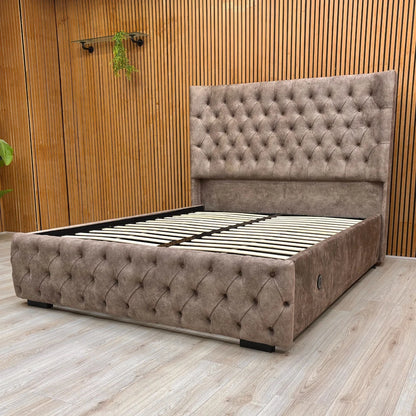 Angled view showing the Dapple Velvet upholstery of the bed frame and the contemporary, sophisticated design.