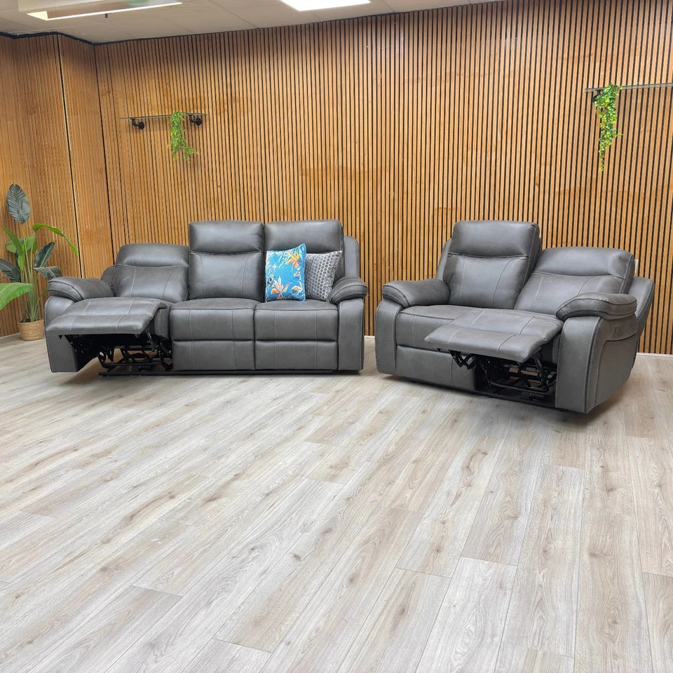 Full front view of the 'Vinson' Eiger Graphite Grey 2 Seater Power Recliner Sofa in the upright position.