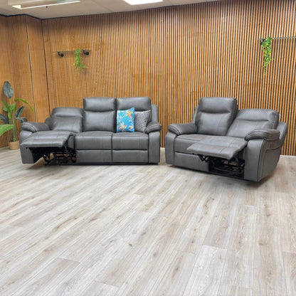 Full front view of the 'Vinson' Eiger Graphite Grey 2 Seater Power Recliner Sofa in the upright position.