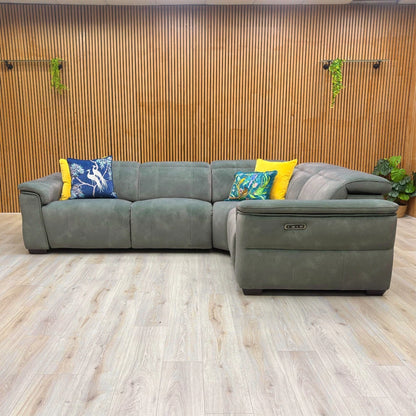 The Inca 'Dexter' sofa with the two outer power recliner seats fully extended and the power headrests raised for a comfortable, laid-back position