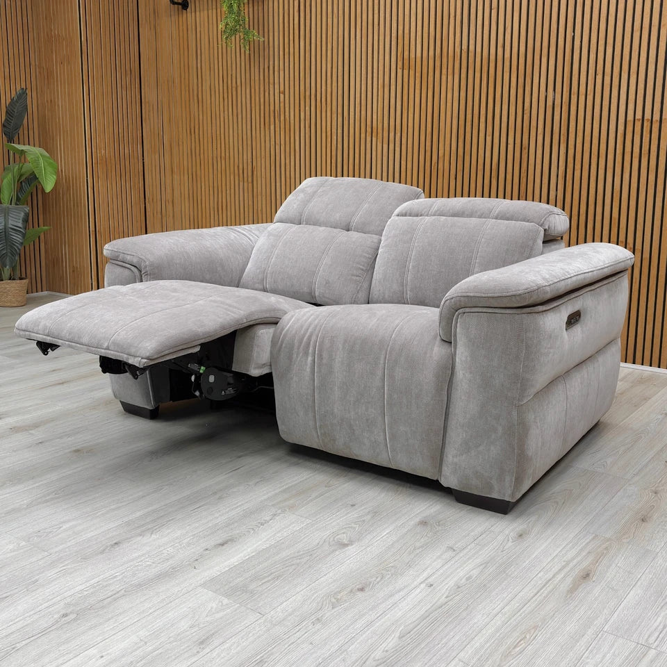 Lifestyle image of the 'Inca' Power Recliner Sofa in a room setting, showing its compact $165\text{ cm}$ size and high-performance Nutmeg linen fabric.