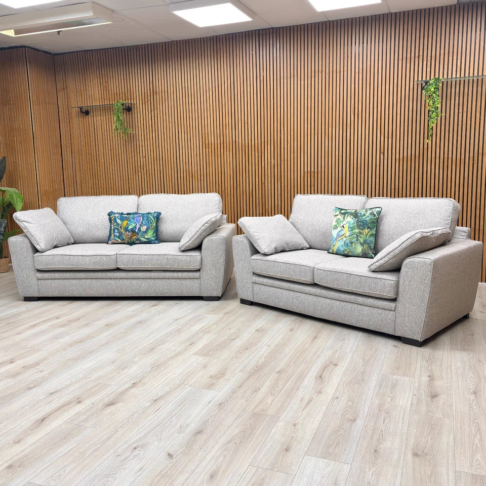 Front view of the 2 Seater Chalfont Sofa in Orm Silver tight weave fabric, showing the two seat cushions and back cushions.