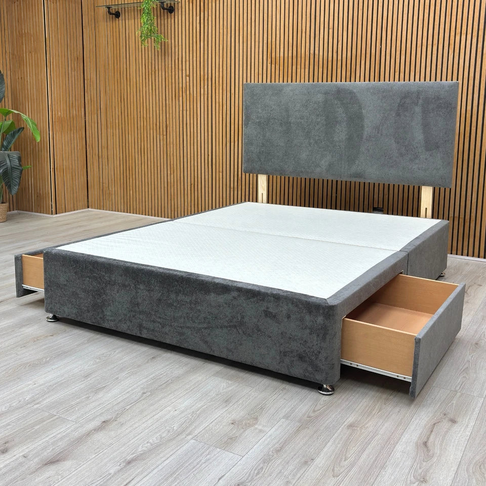 View of the King-size divan base, clearly showing the two storage drawers on one side for practical bedroom storage.