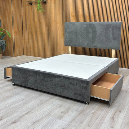 View of the King-size divan base, clearly showing the two storage drawers on one side for practical bedroom storage.