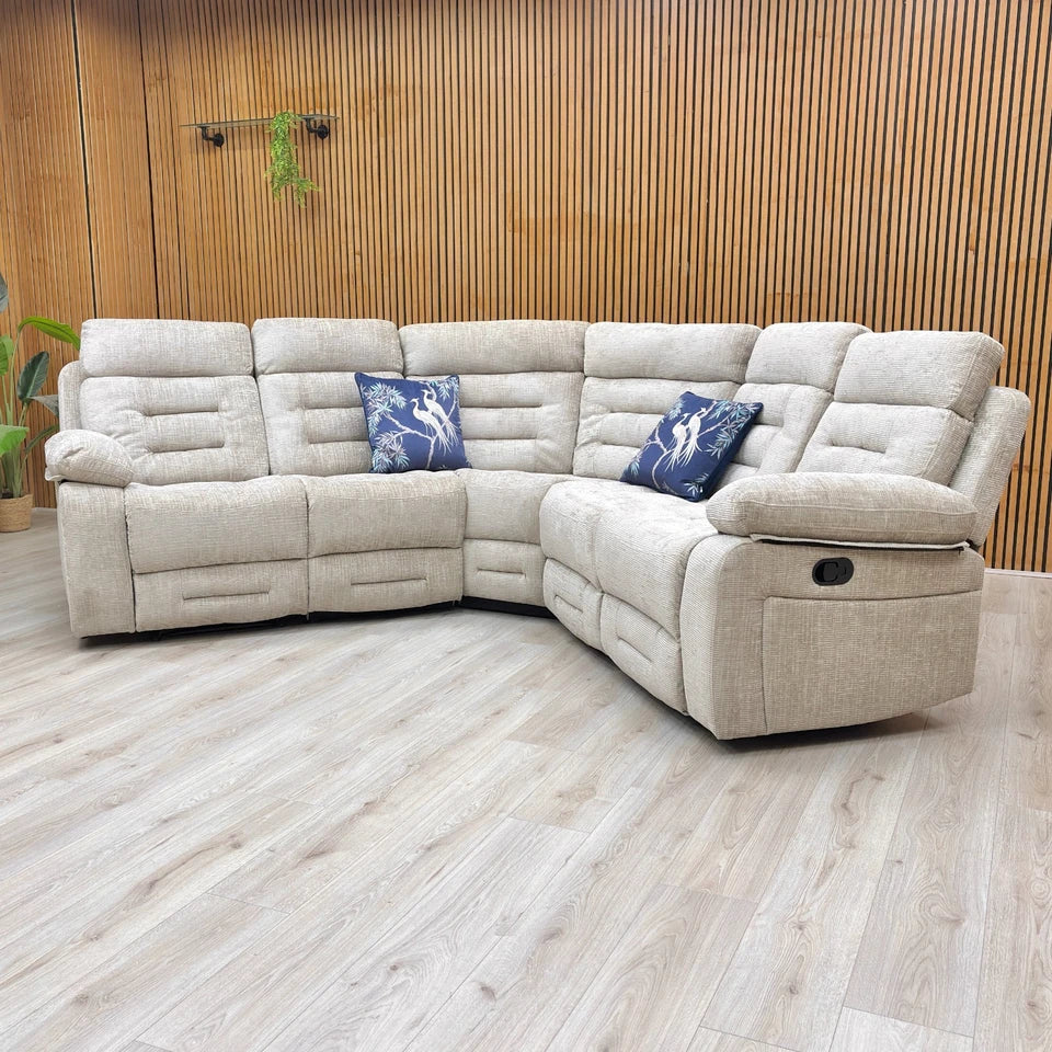 Side view of the Wilbur Corner Sofa with an added Armless Unit, highlighting the manual recliner functionality.