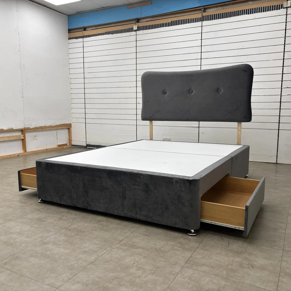 ‘Johnson’ Grey Velvet Divan 2 Draw Bed Base + Headboard - King