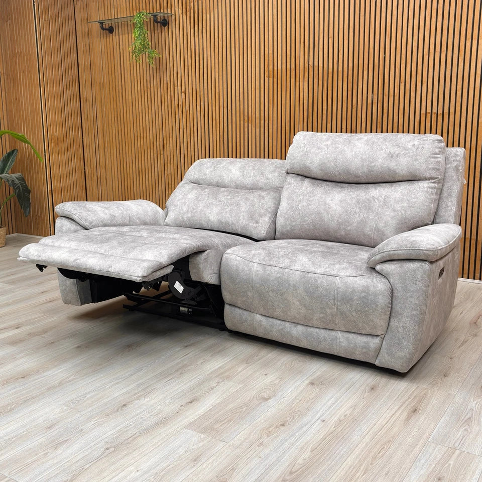 Full view of the Marble Stone Grey Velvet 3 Seater Sofa with two power reclining seats.