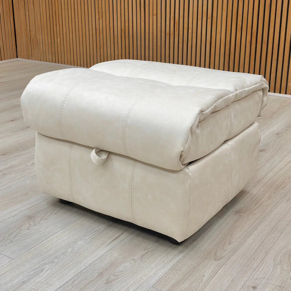 Lifestyle or high-quality product photo of the footstool, showing the texture and color of the dapple grey leather.