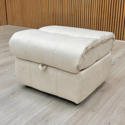 Lifestyle or high-quality product photo of the footstool, showing the texture and color of the dapple grey leather.