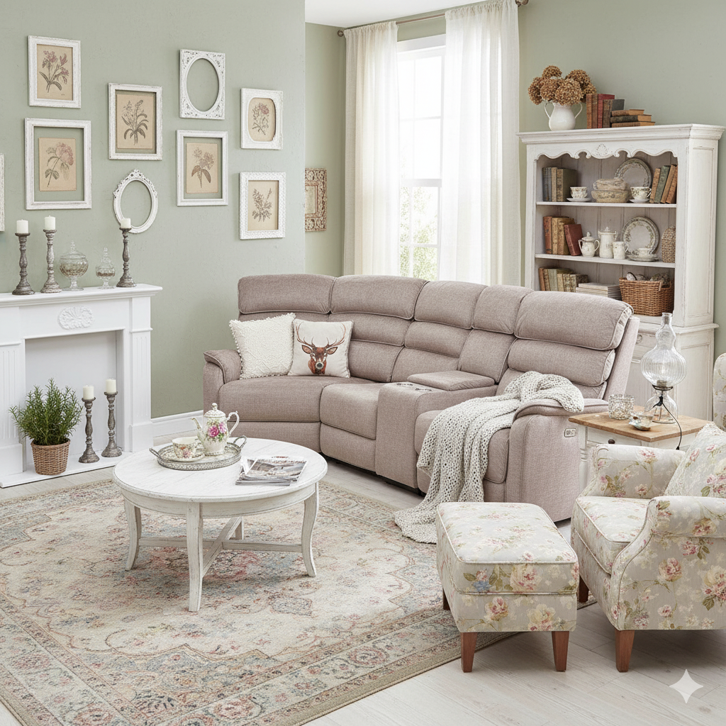 Living room with beige sectional sofa, floral armchair, and decorative elements.